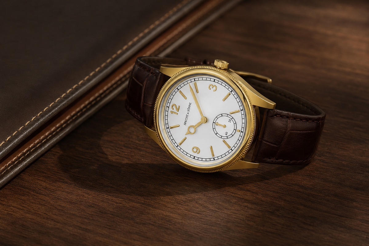 Relógio masculino dourado Specht & Söhne em composição editorial