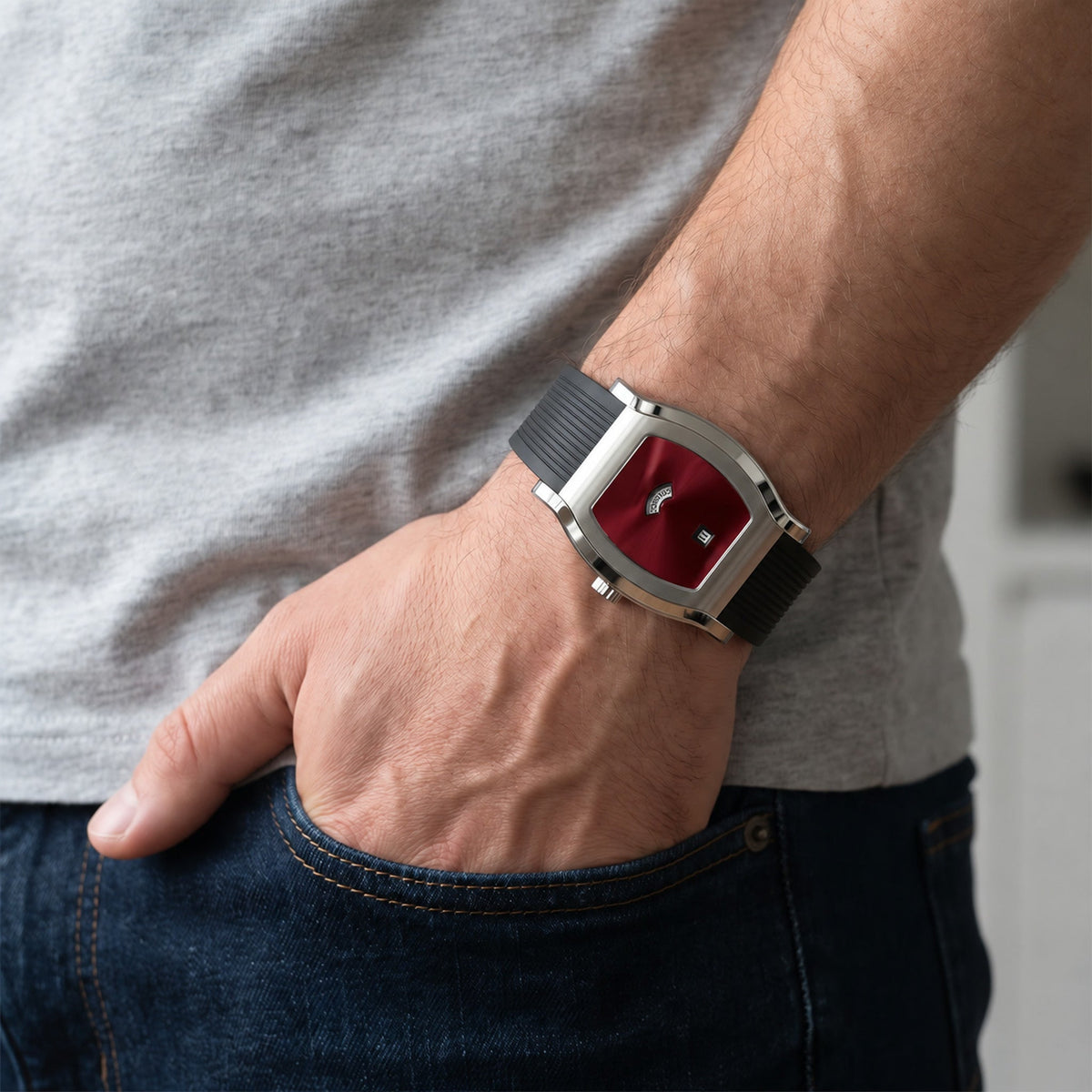 Specht & Söhne Noble Red no pulso em visual casual