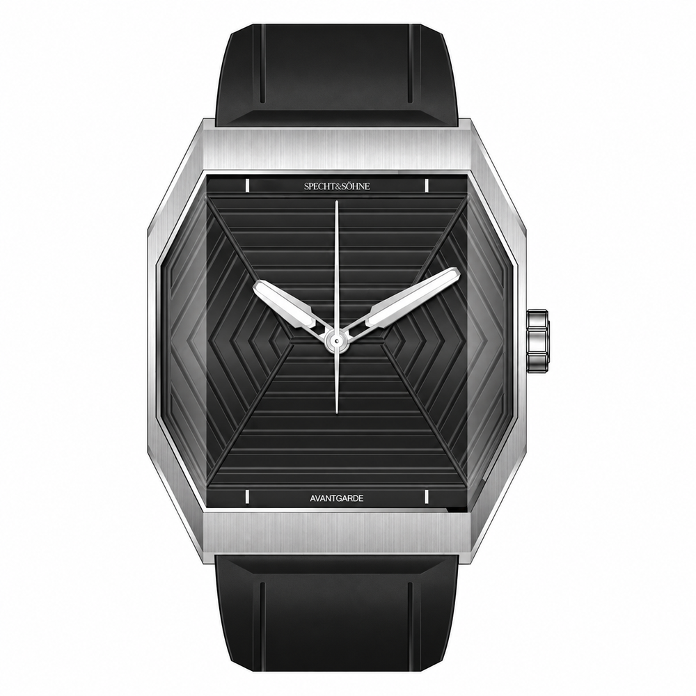 Specht & Söhne Orion Black com mostrador preto, caixa octogonal prateada e pulseira preta em fundo branco