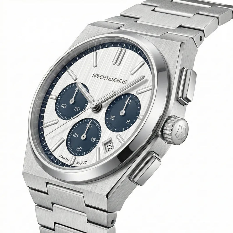 Caixa de 41mm em aço 316L com acabamento escovado e espelhado - relógio masculino prata com ponteiros e índices luminosos