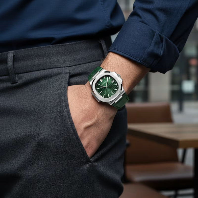 Relógio Masculino Premium Veritas Green — Calibre Automático e Pulseira de Couro