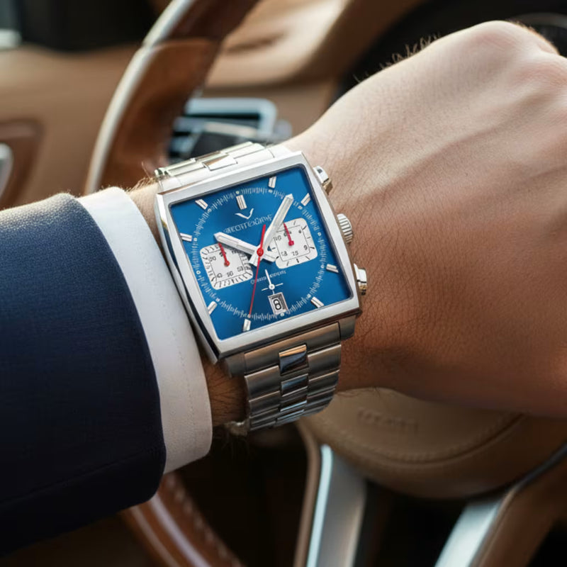 Caixa Retangular Em Aço Prata Com Marcadores Arábicos — Relógio Masculino Apex