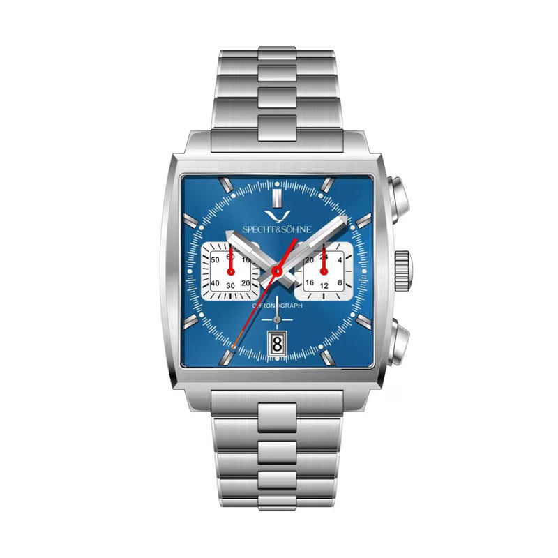 Relógio Cronógrafo Apex Specht & Söhne — Mostrador Retangular Em Aço Prata Com Detalhes Esportivos