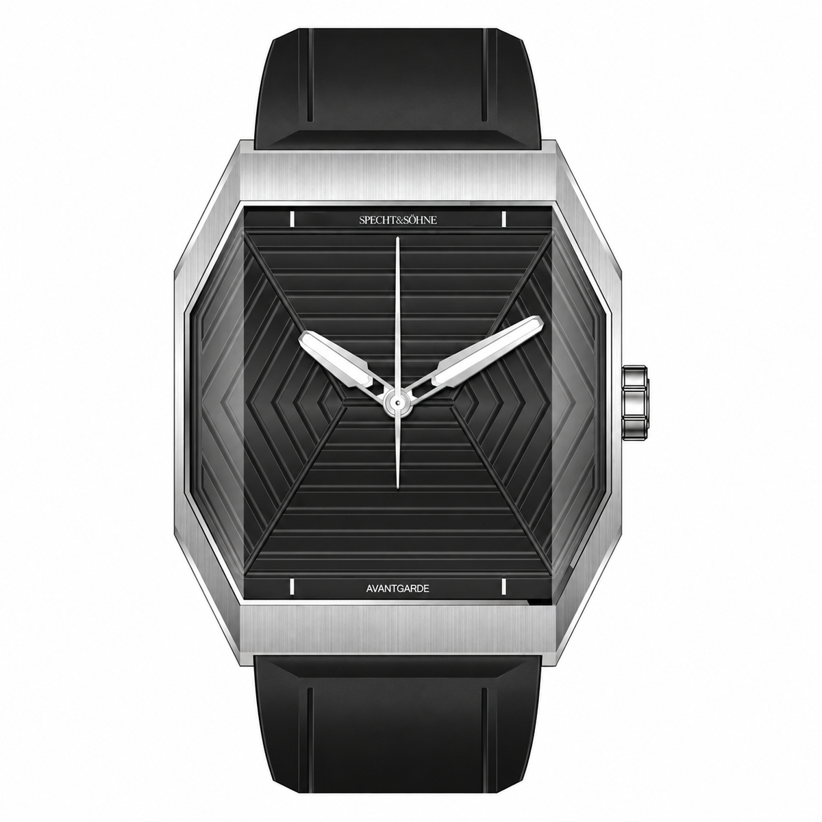 Specht & Söhne Orion Black com mostrador preto, caixa octogonal prateada e pulseira preta em fundo branco