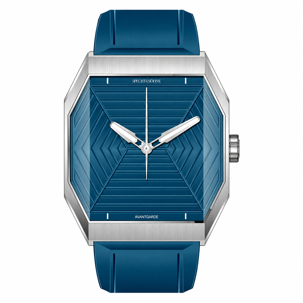 Specht & Söhne Orion Blue com mostrador azul-petróleo, caixa octogonal prateada e pulseira azul em fundo branco