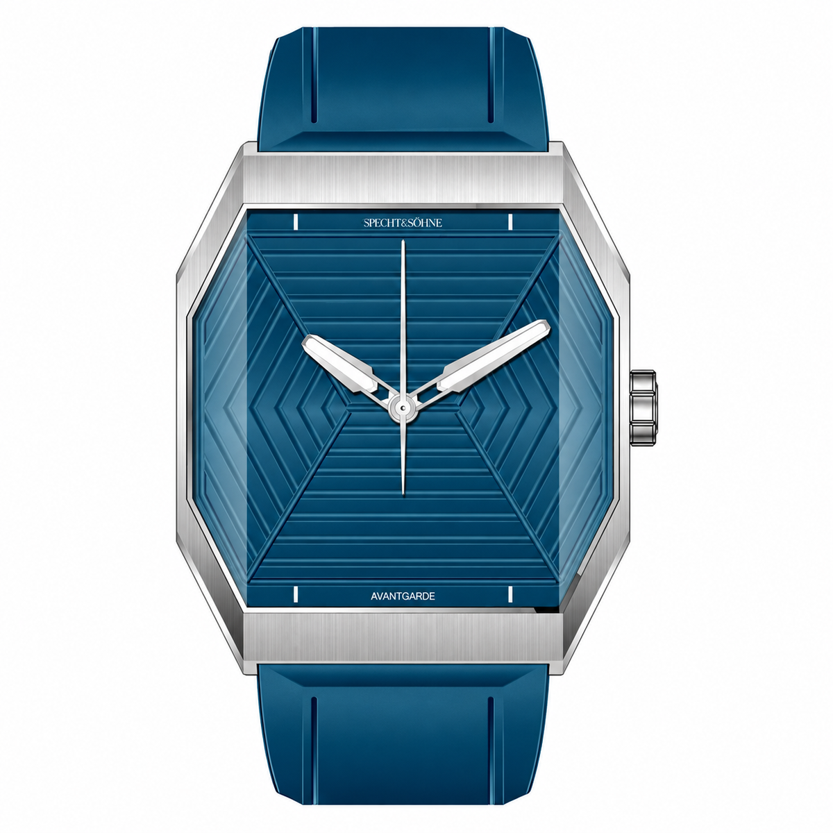 Specht & Söhne Orion Blue com mostrador azul-petróleo, caixa octogonal prateada e pulseira azul em fundo branco