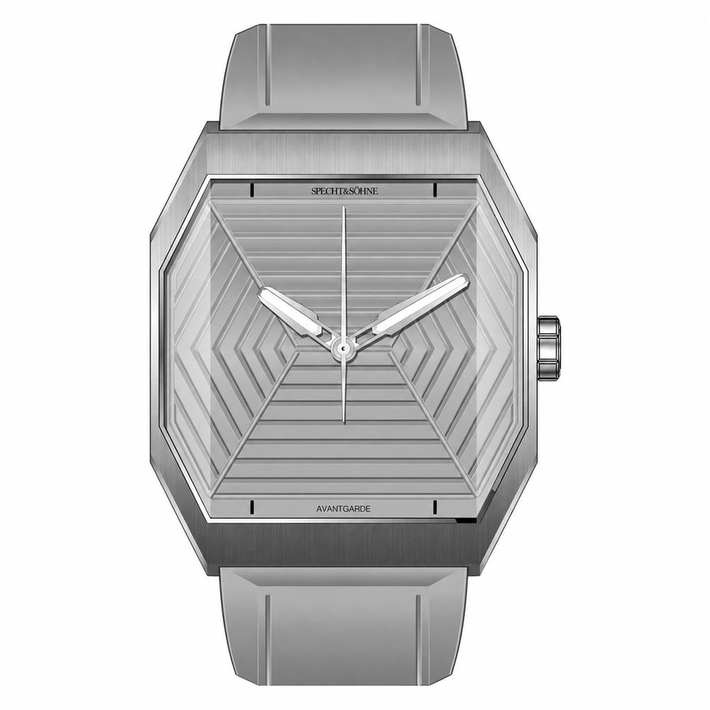 Specht & Söhne Orion Gray com mostrador cinza, quatro marcadores pretos, caixa octogonal prateada e pulseira cinza em fundo branco