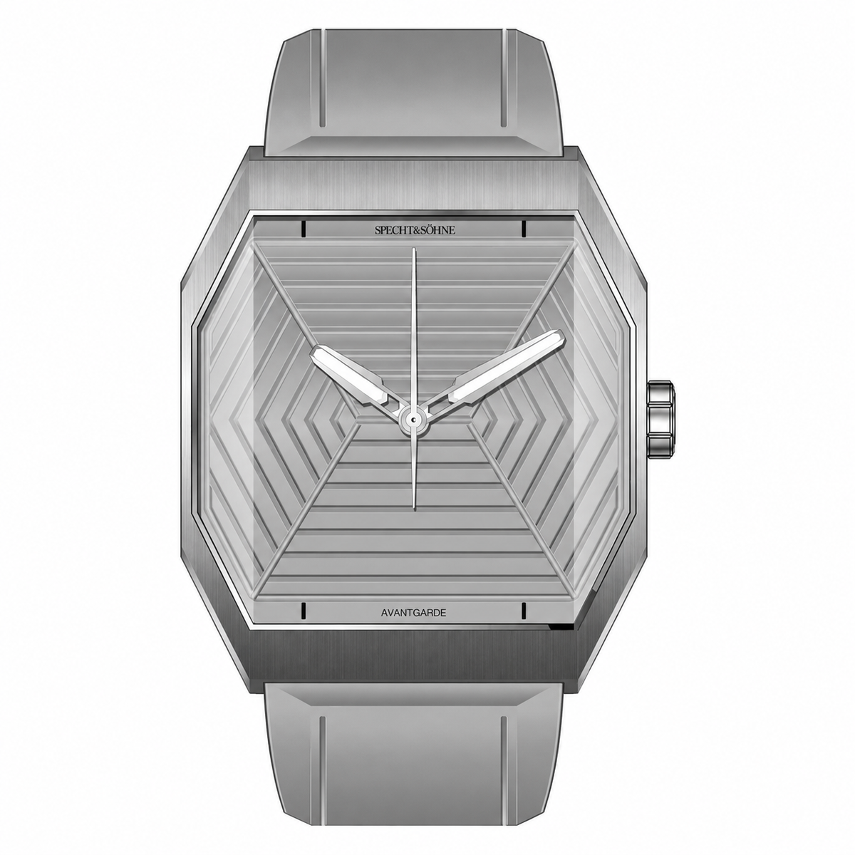 Specht & Söhne Orion Gray com mostrador cinza, quatro marcadores pretos, caixa octogonal prateada e pulseira cinza em fundo branco