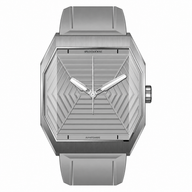 Specht & Söhne Orion Gray com mostrador cinza, quatro marcadores pretos, caixa octogonal prateada e pulseira cinza em fundo branco