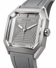 Relógio masculino quadrado Orion Gray em close com mostrador cinza geométrico e caixa em aço