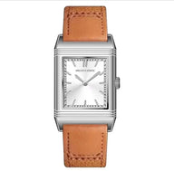 Specht & Söhne Reverso Silver 24mm, relógio masculino retangular com mostrador prateado e pulseira de couro caramelo.