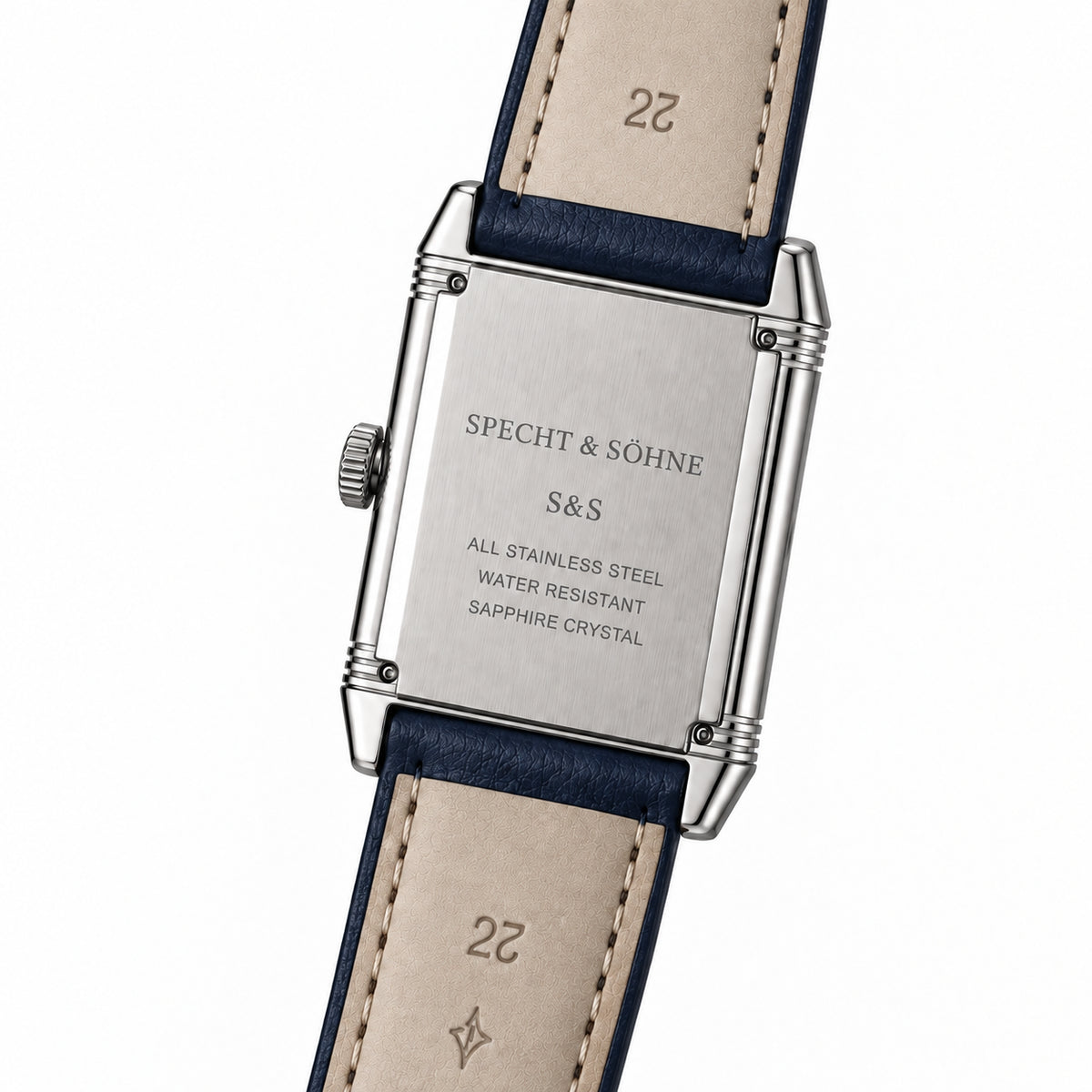 Verso do Specht & Söhne Reverso Ultrafino 24mm em aço inoxidável, com gravação da marca e pulseira de couro azul-marinho.
