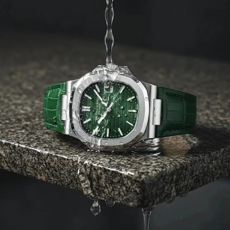 Veritas Green No Pulso — Elegância Executiva Com Mostrador Verde E Couro