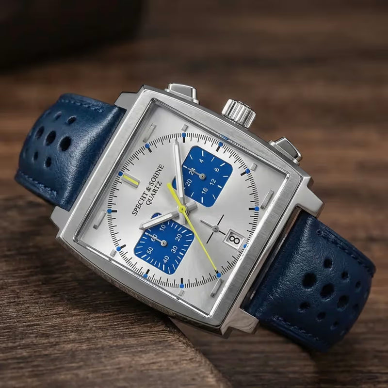 Relógio Azul Masculino — Detalhes dos subdials azuis no mostrador branco